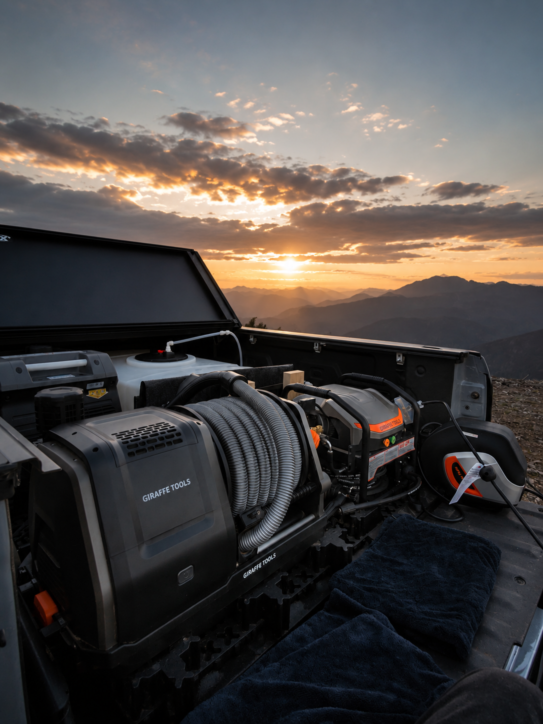 A mountain landscape at sunset with a device labeled 'Giraffe Tools' in the foreground, including hoses, equipment, and towels.