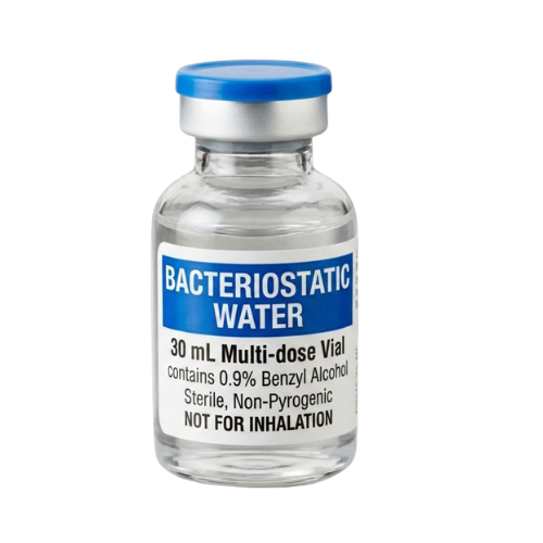 A small clear glass vial labeled 'Bacteriostatic Water' with a blue cap, containing 30 ml of sterile water, not for inhalation.
