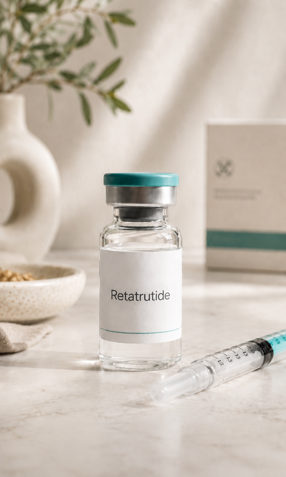 A small vial labeled 'Rettrutide' and a syringe on a light-colored surface, with a blurred background of a vase with green leaves and a box in neutral tones.