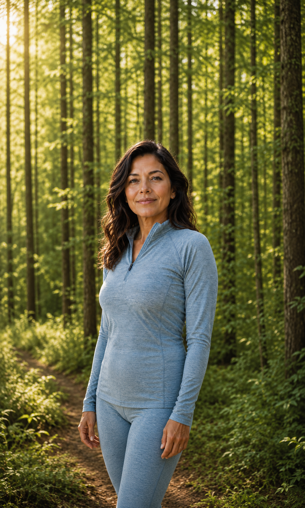 A woman standing on a trail in a dense green forest during sunset, wearing light blue athletic wear.