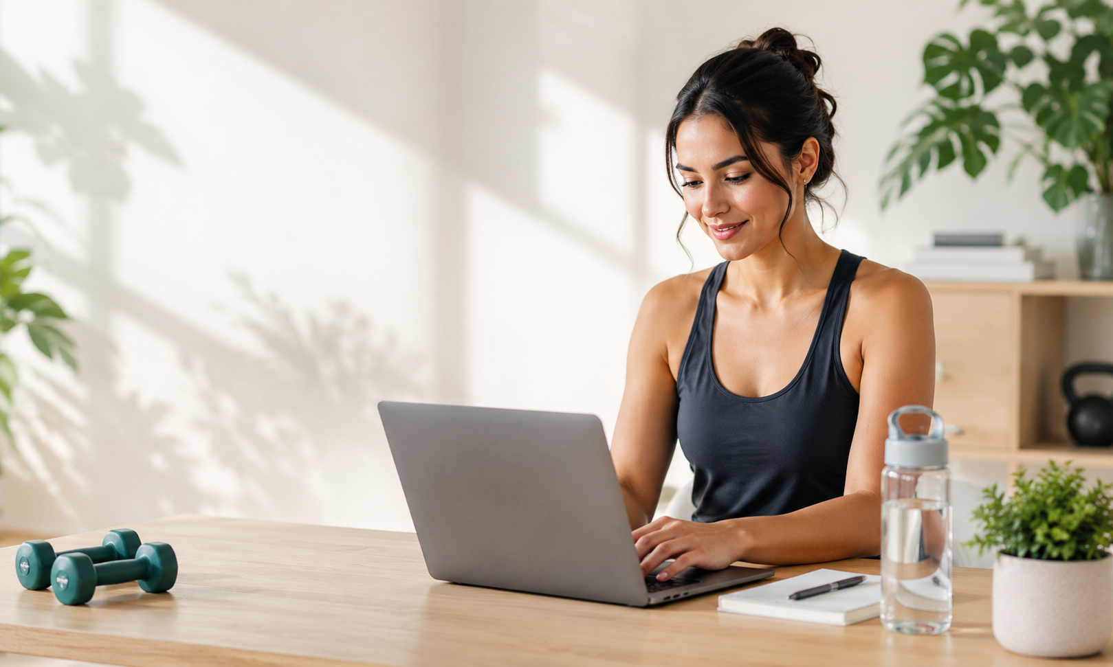 Woman in black workout tank top sitting at a wooden desk using a silver laptop in a bright room with green plants, water bottle, small white notebook, pen, and dumbbells on the desk.