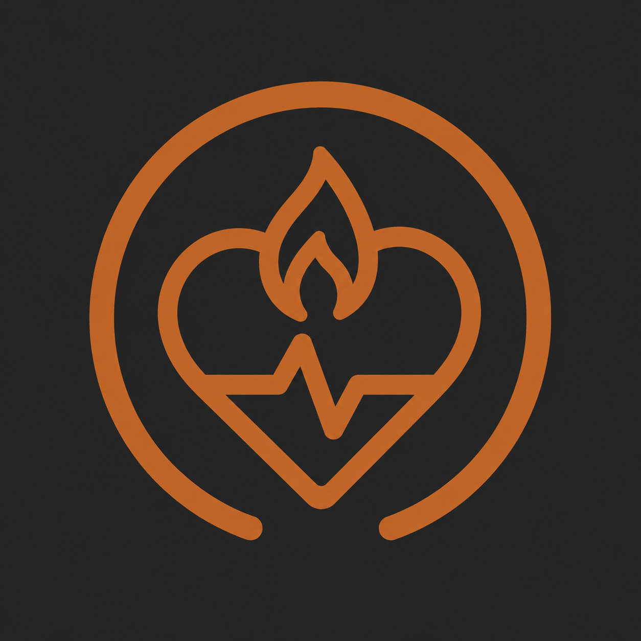 An orange outline symbol combining a heart, a flame, and a heartbeat line inside a circular border on a black background.
