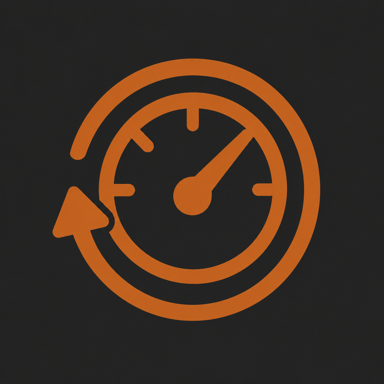 Orange clock with an arrow forming a circle around it, indicating time or time management, on a black background.