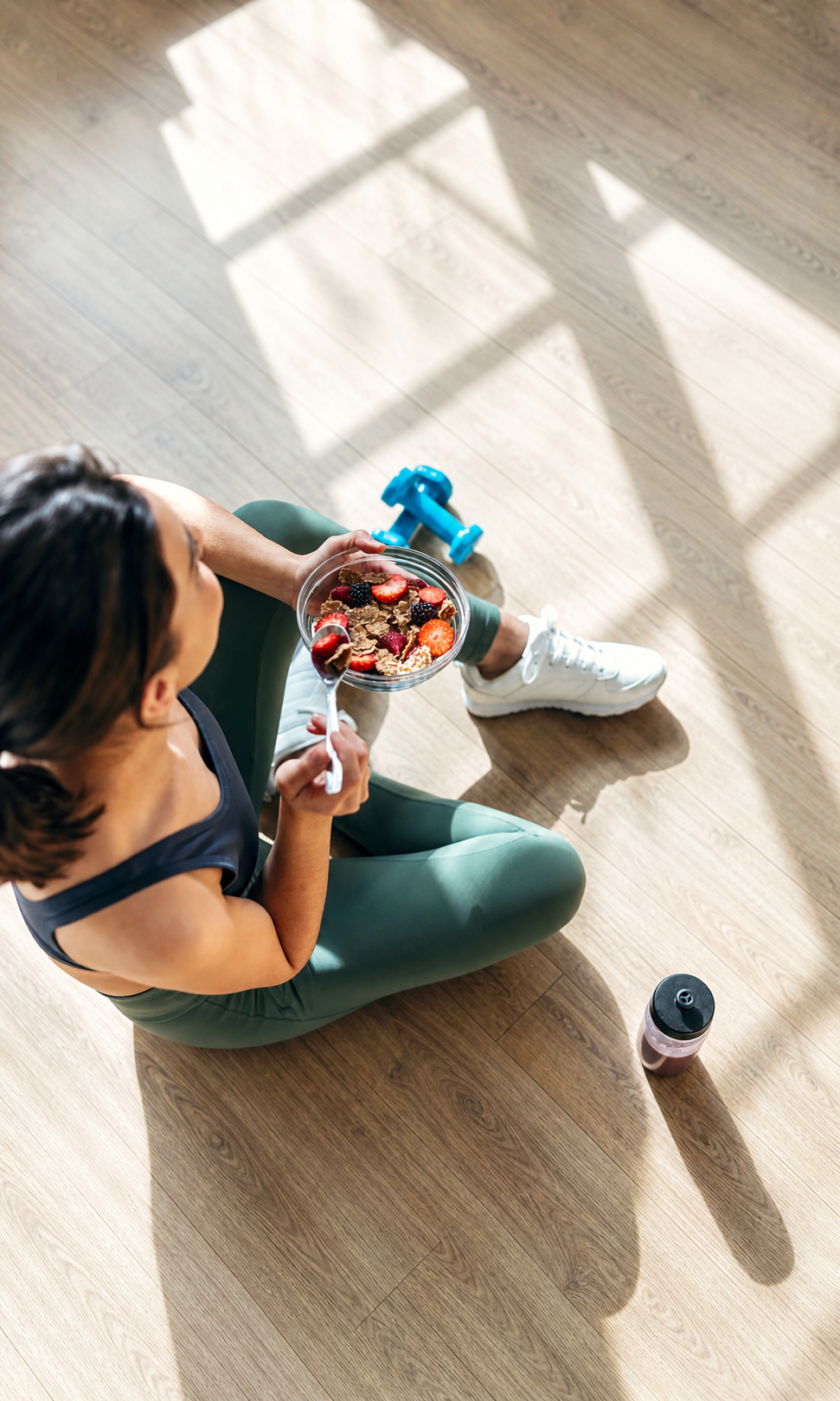 A woman sitting cross-legged on a wooden floor, holding a bowl of cereal with fresh berries, near a water bottle and a small blue dumbbell, with shadows of a window and chair cast on the floor.