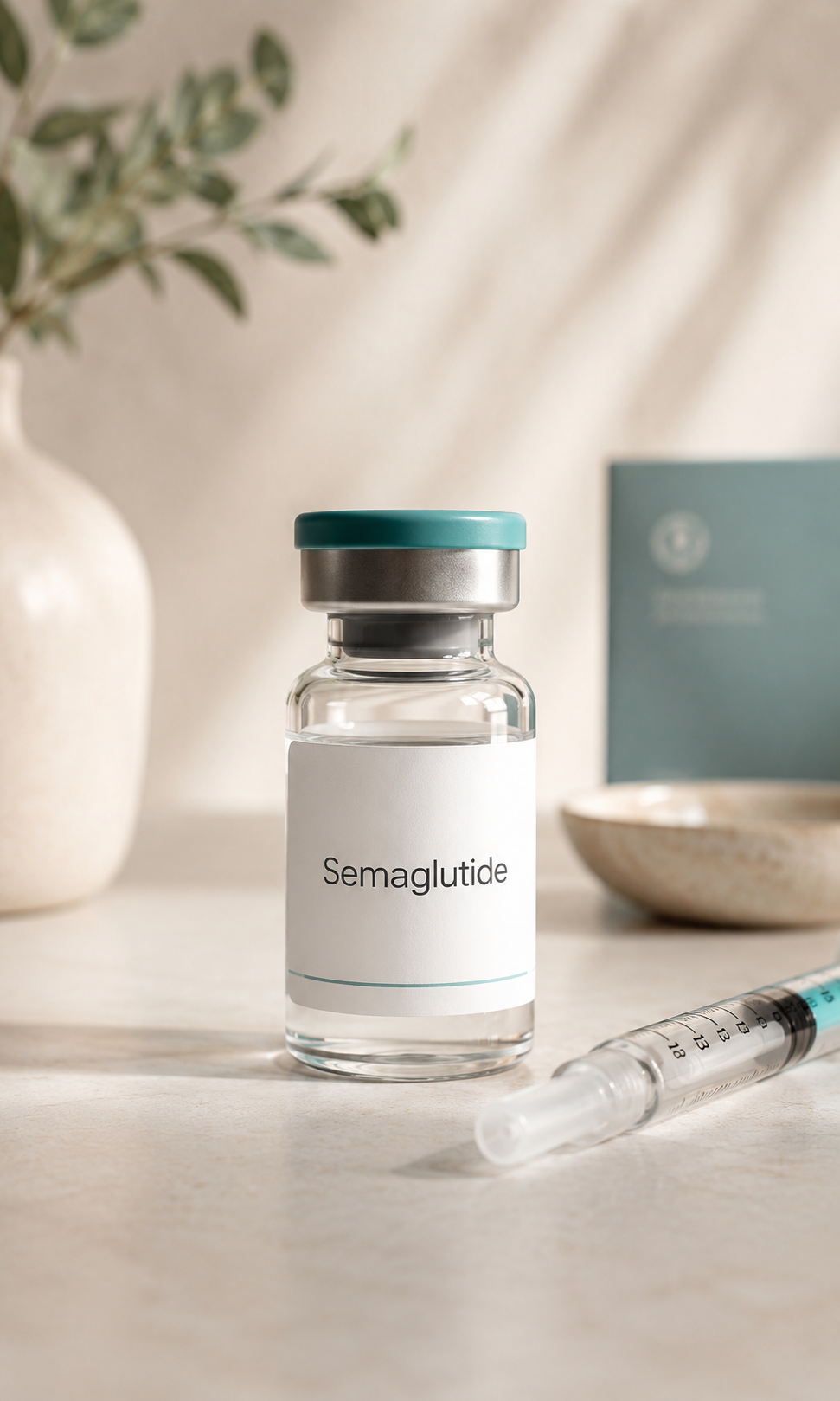 A glass vial labeled "Semaglutide" with a teal cap, resting on a light-colored surface near a syringe, a bowl, and in front of a blurred background including a vase with green leaves and a blue card.