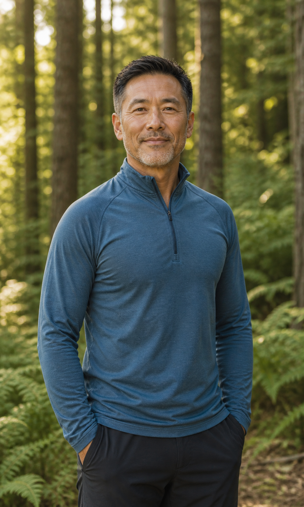 A middle-aged man standing in a forest, wearing a blue long-sleeve athletic shirt with a zipper, with his hands in his pockets, smiling calmly.
