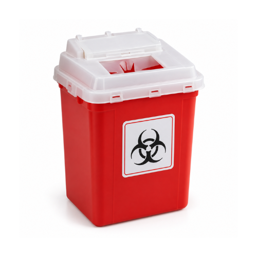 A red biohazard waste container with a white lid and biohazard symbol label.