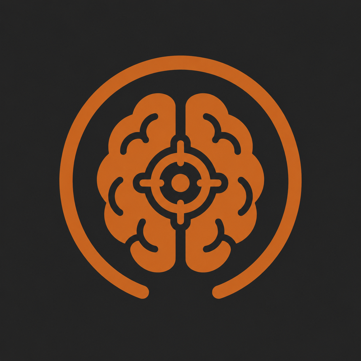 An orange outline of a brain inside a circle on a dark gray background.