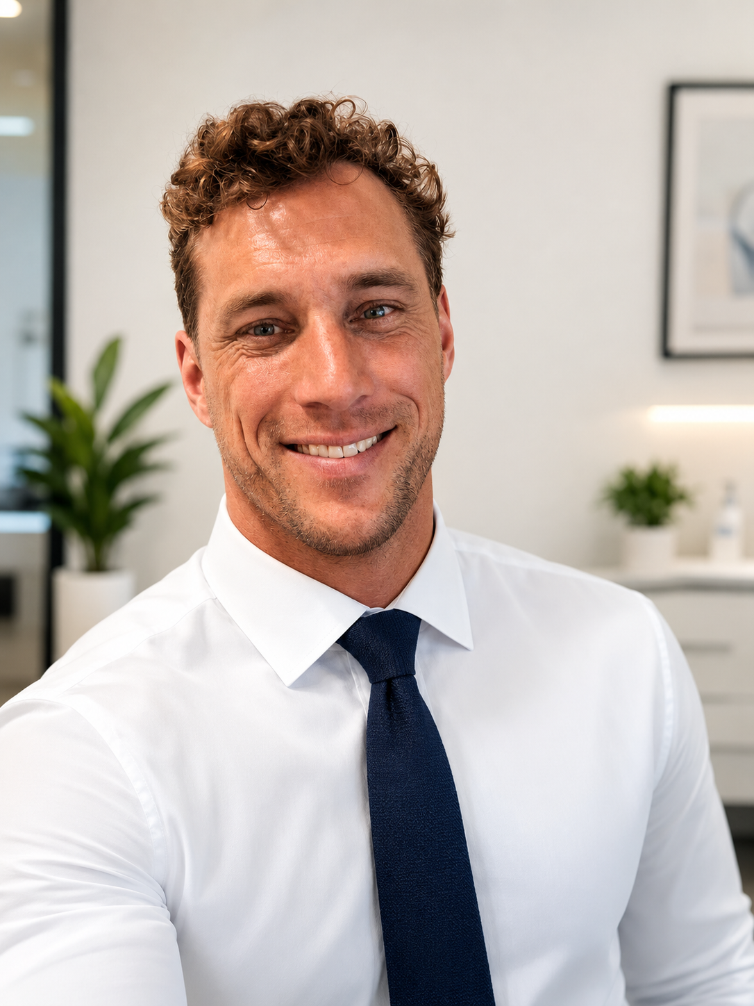 Smiling man in white shirt and dark blue tie in an office setting with potted plants and framed pictures in the background.