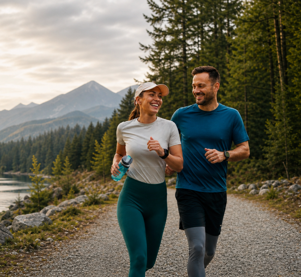 A man and woman are running together on a trail near a lake surrounded by trees with mountains in the background, enjoying outdoor exercise.