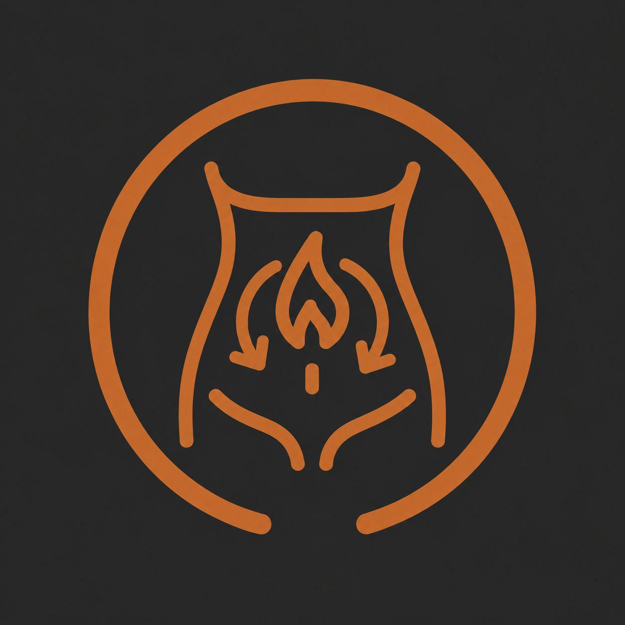 Orange line drawing of a stylized belly button with a flame inside, encircled by an orange ring, on a black background.