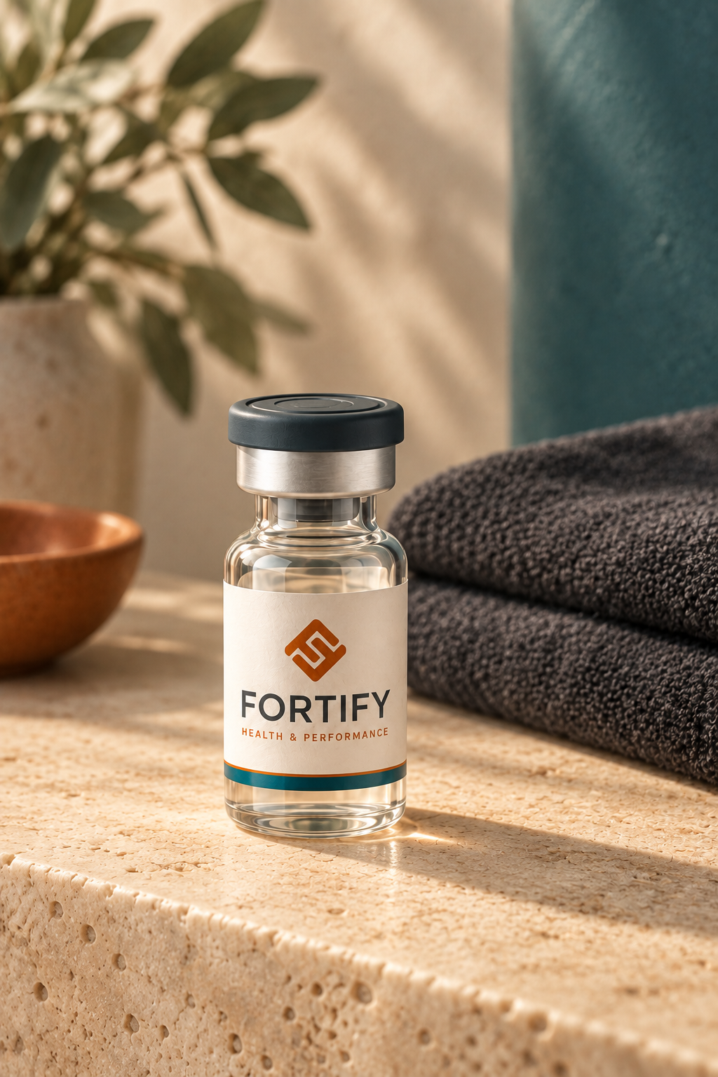 A small glass bottle labeled 'Fortify Health & Performance' sitting on a beige textured surface, with a potted plant, a brown bowl, a folded dark gray towel, a teal wall, and a tan wall in the background.