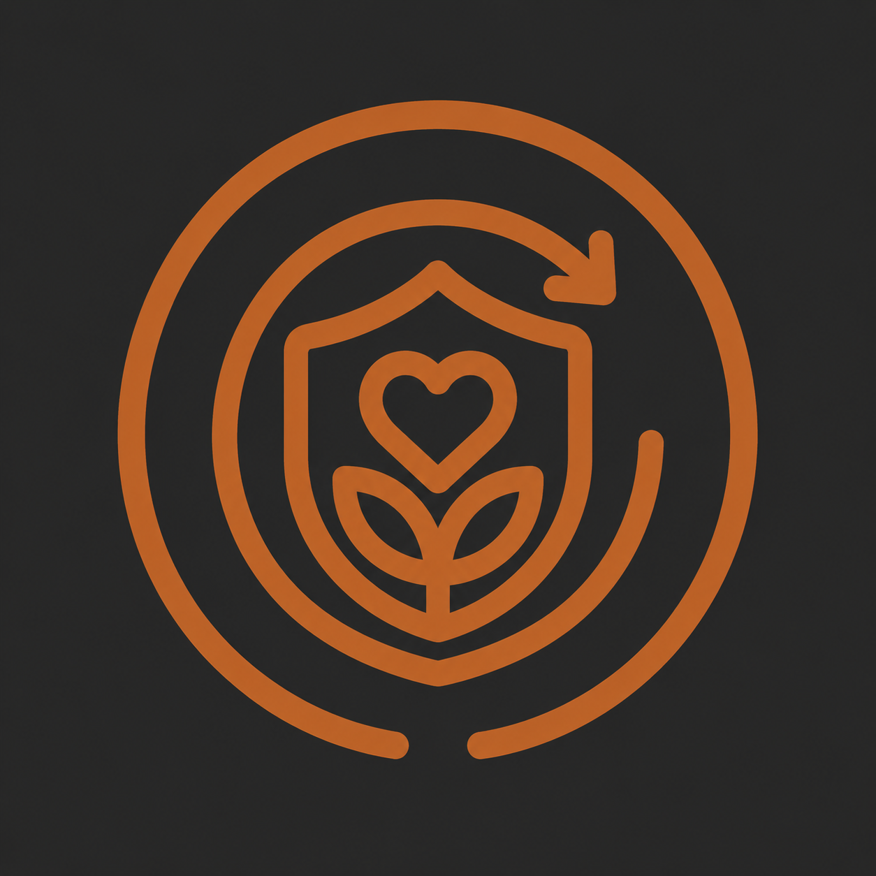 An orange outline graphic on a black background, featuring a shield with a heart inside, surrounded by a flower with two leaves, and encircled by two concentric rings with an arrow indicating rotation.