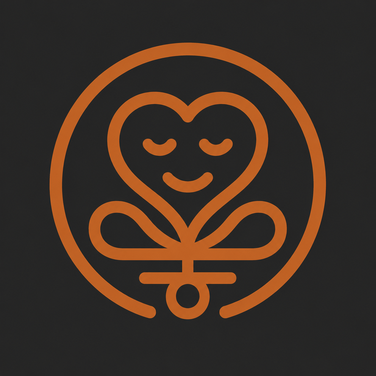 Orange line drawing of a meditative person with a heart-shaped face and closed eyes, surrounded by a circle, on a black background.