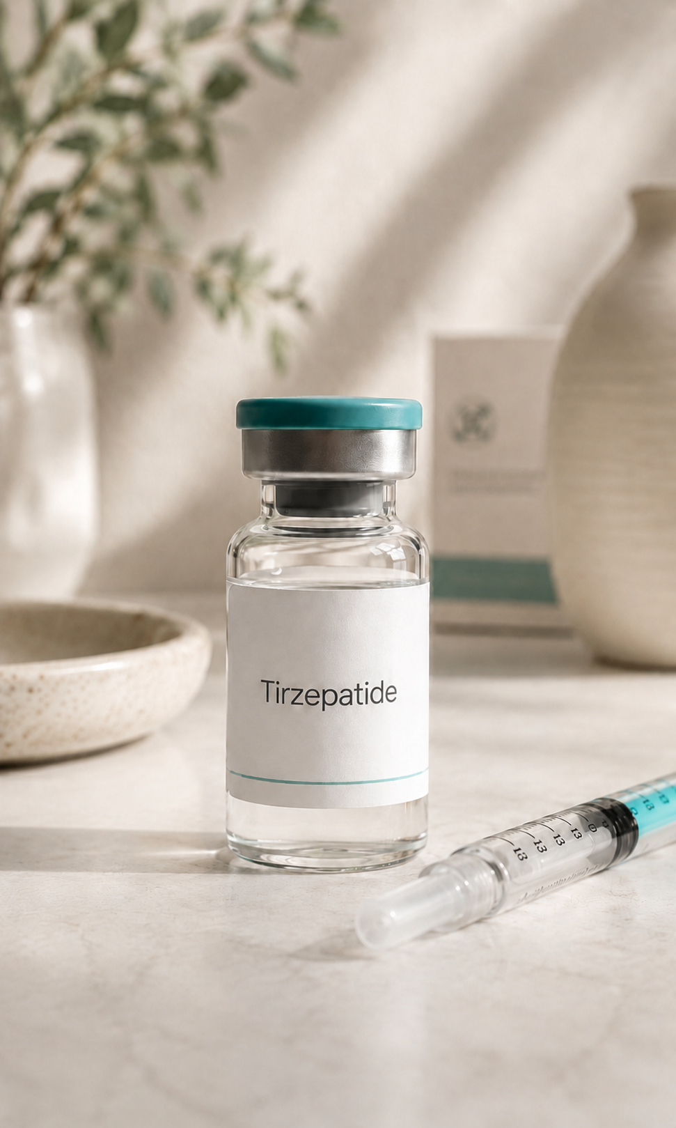 A small glass vial labeled 'Tirzepatide' with a teal cap, next to a syringe, on a light-colored surface with a blurred background of pottery and a plant.