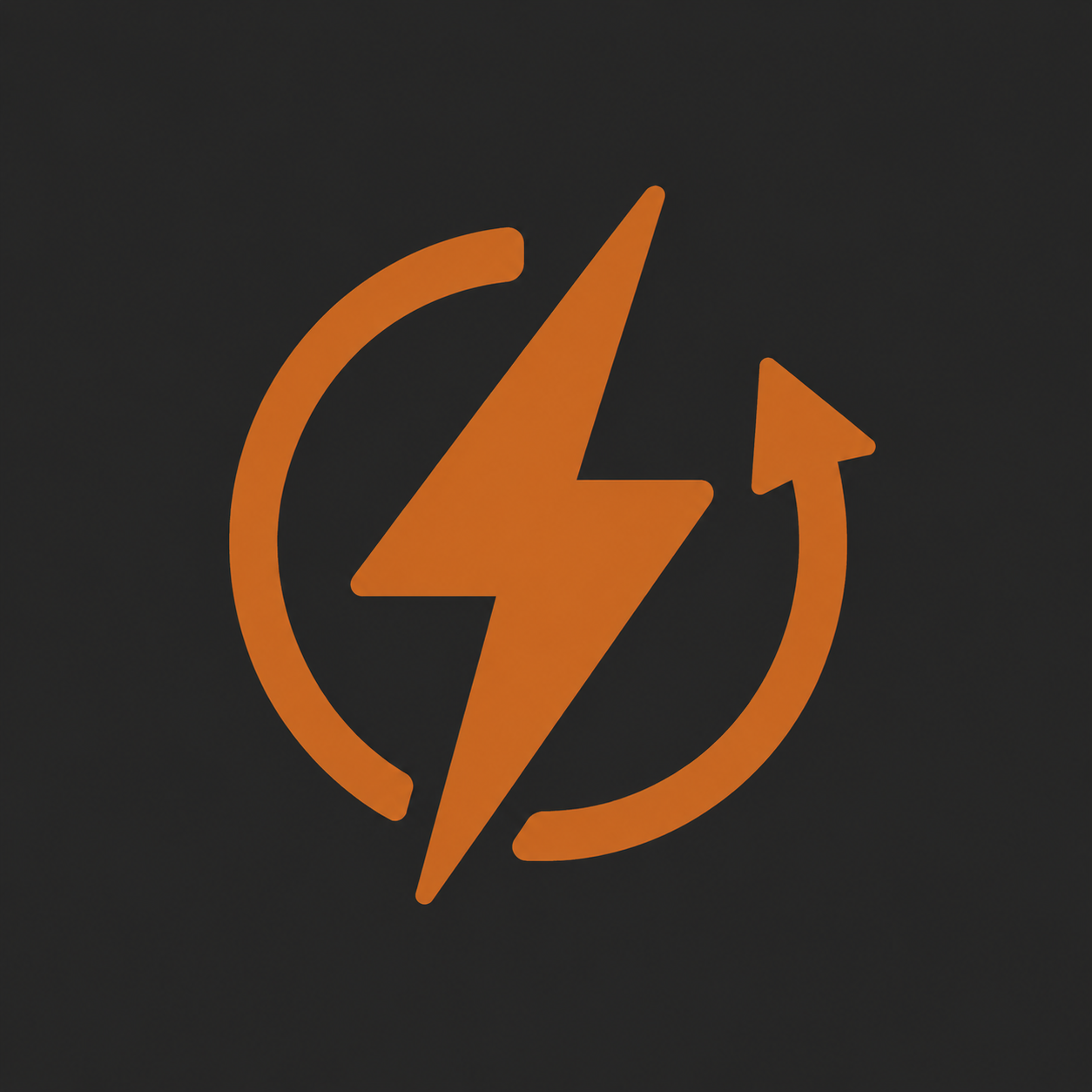 An orange lightning bolt symbol with a circular arrow surrounding it on a dark background.