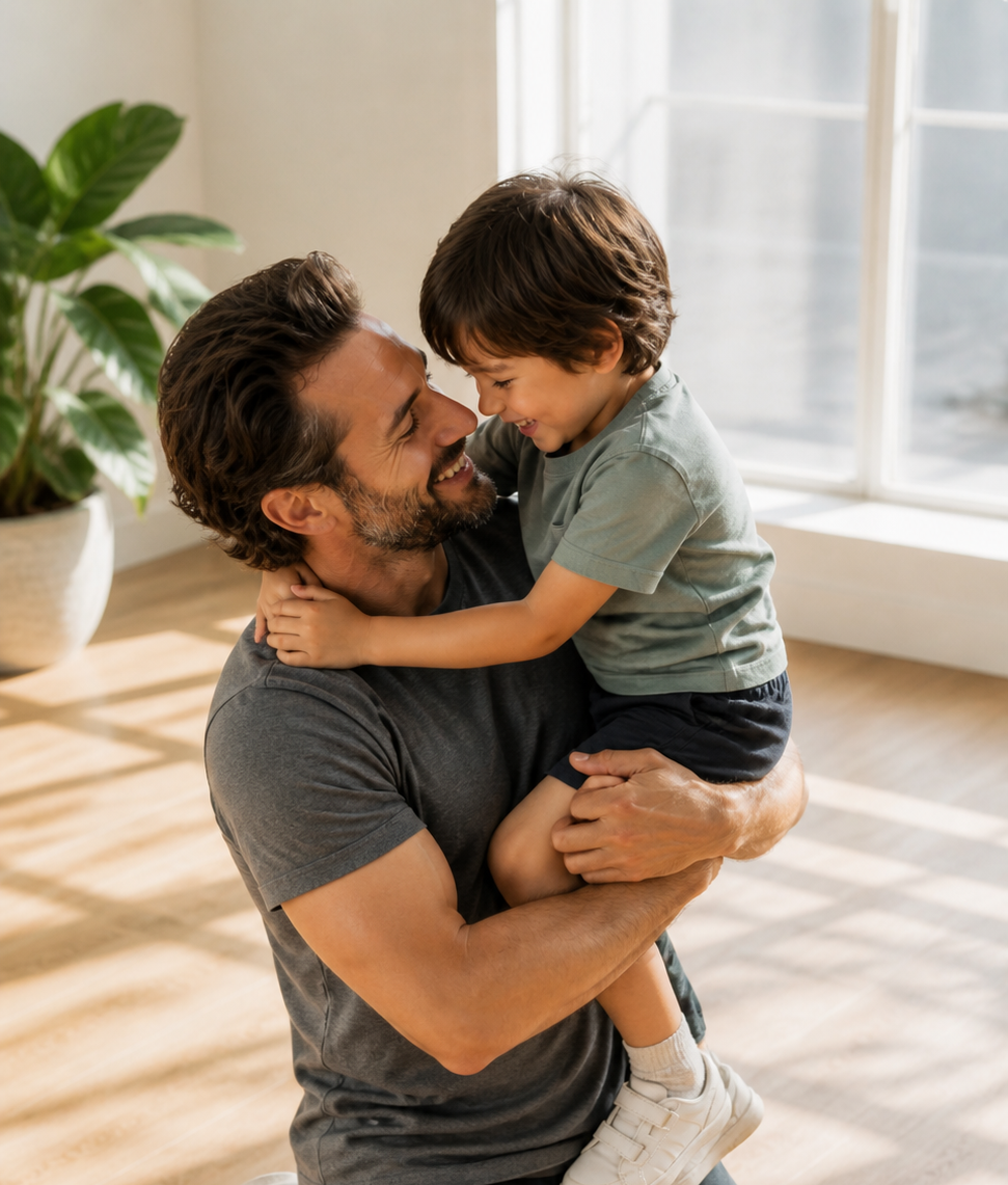 A man holding a smiling young boy in a bright room with sunlight and a large potted plant in the background.