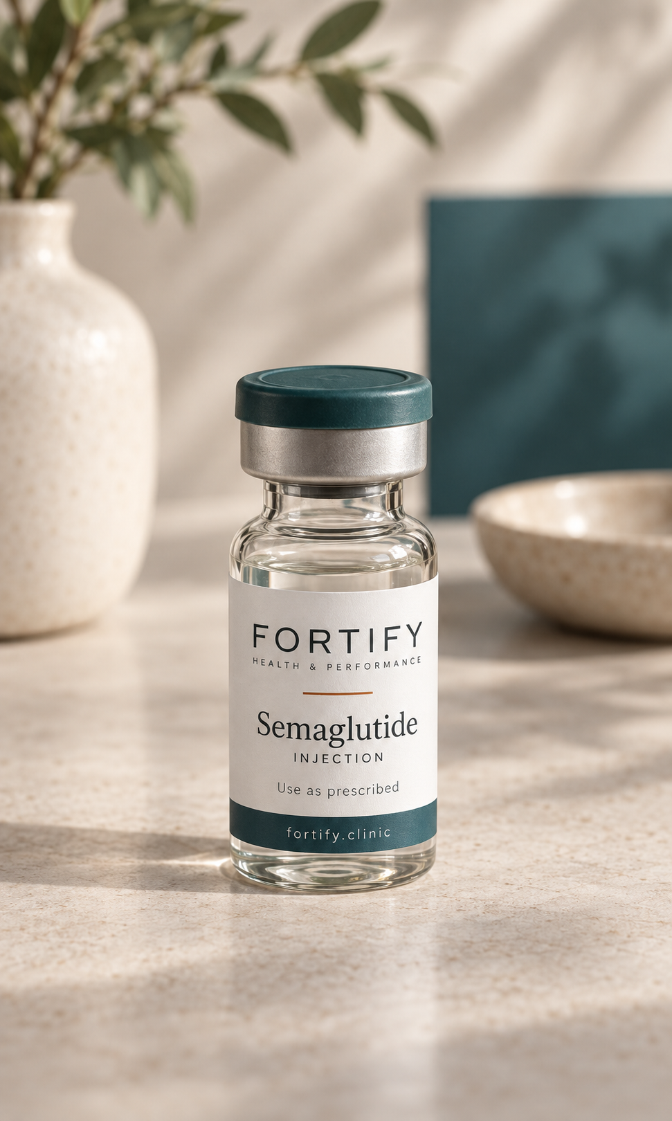 A small vial labeled 'Fortify Semaglutide Injection' with a blue and silver lid, placed on a beige surface with a blurred background including a beige vase with green leaves and a bowl.
