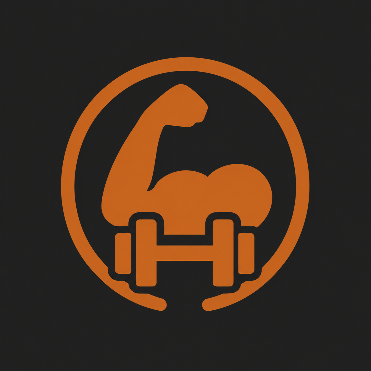 Icon of a muscular arm flexing with a dumbbell and a circle around it, symbolizing strength and fitness.