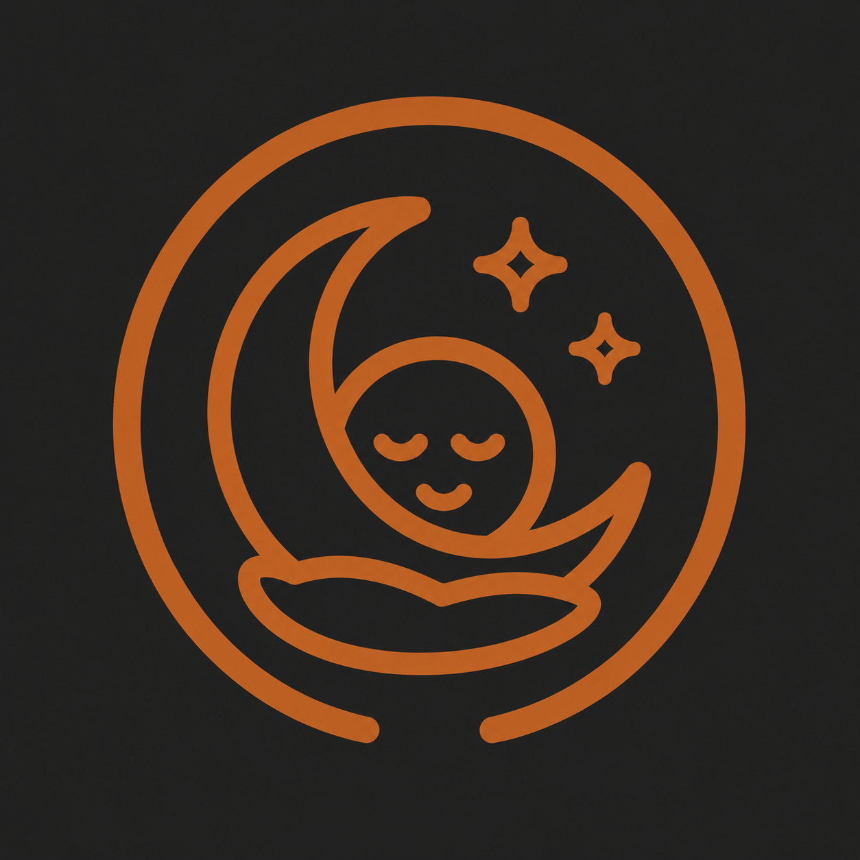 Orange line art of a smiling face inside a crescent moon with stars, surrounded by a circle, on a black background.