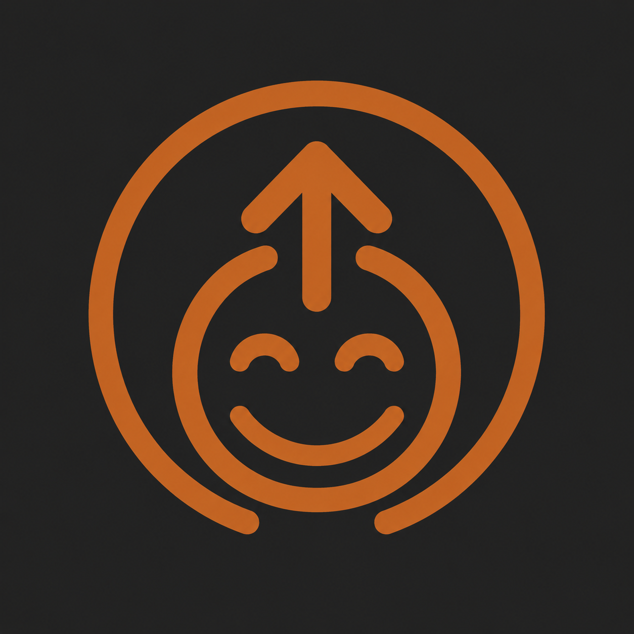 An orange writing icon on a black background that depicts a happy face inside a circle with an upward arrow above it, likely representing a smiling or positive outcome.
