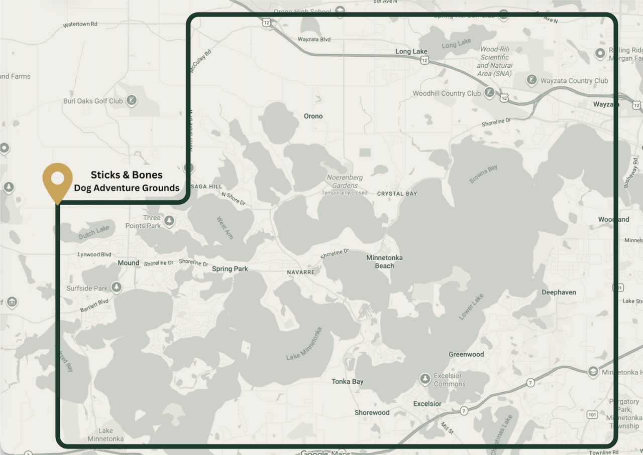 Service area map showing Sticks & Bones Dog Bus Adventure territory near Lake Minnetonka, serving Excelsior, Shorewood, Orono, and Wayzata and surrounding Twin Cities west metro