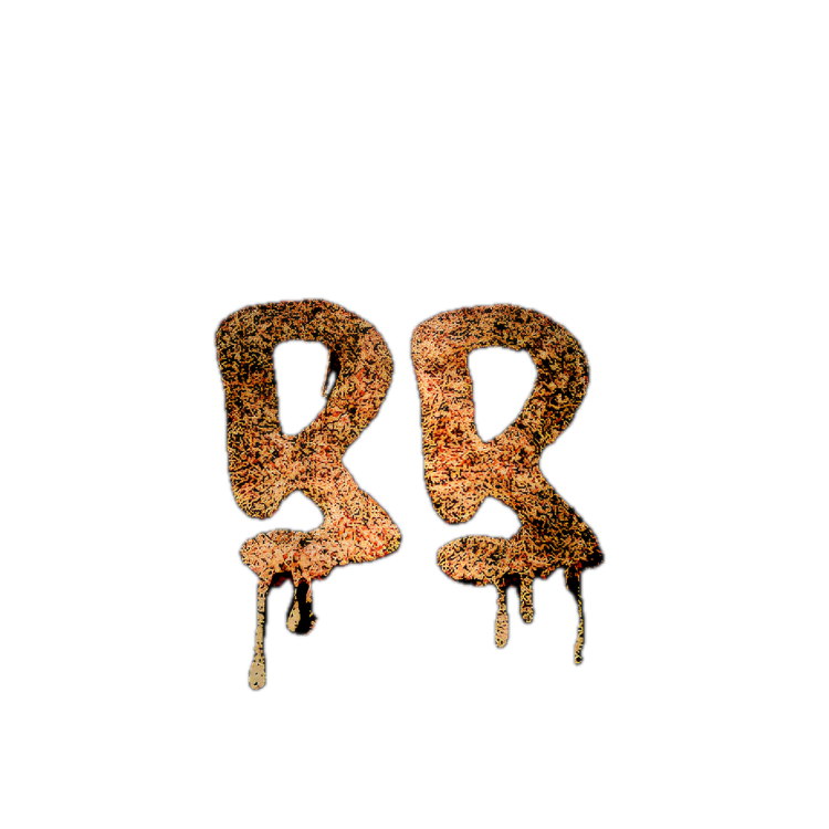 Graffiti-style text of 'R&R' with orange and yellow colors and dripping paint on a black background.