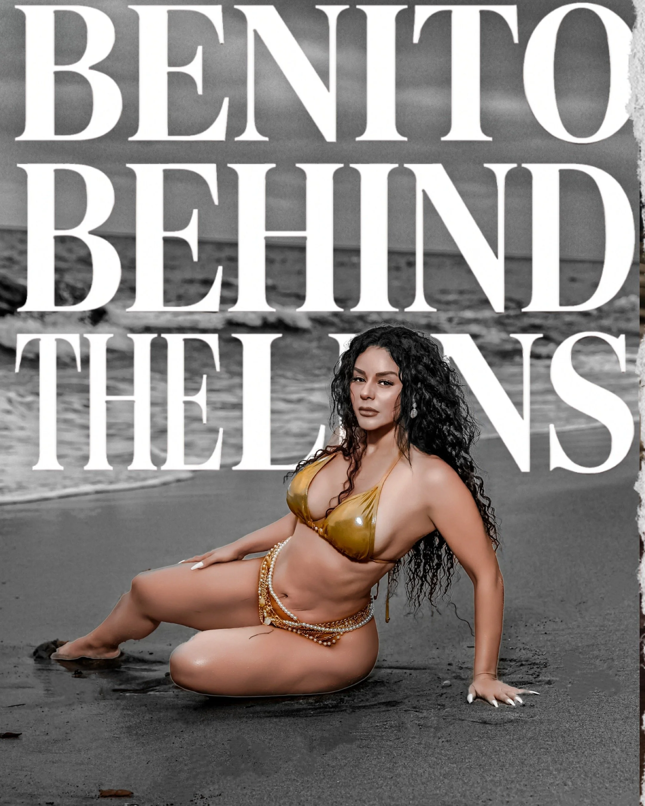 A woman with long curly black hair kneeling on dark sandy beach, wearing a gold bikini and jewelry, with ocean waves in the background and overlaid large white text.