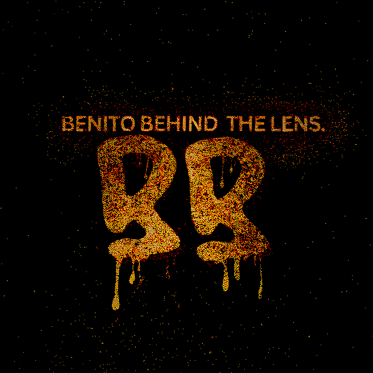 Graffiti-style text that reads 'BENITO BEHIND THE LENS' and 'R&R' with a dripping paint effect on a black background.
