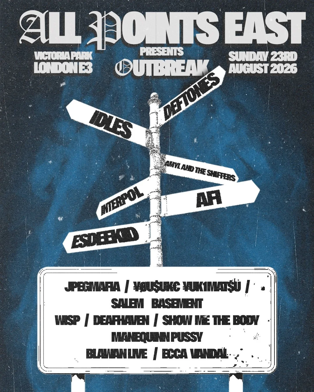 A poster redesign concept for Outbreak Fest and All Points East, reimagining the lineup layout through a directional signpost structure to reflect the variety and movement within alternative music culture. The design leans into gritty textures, distr