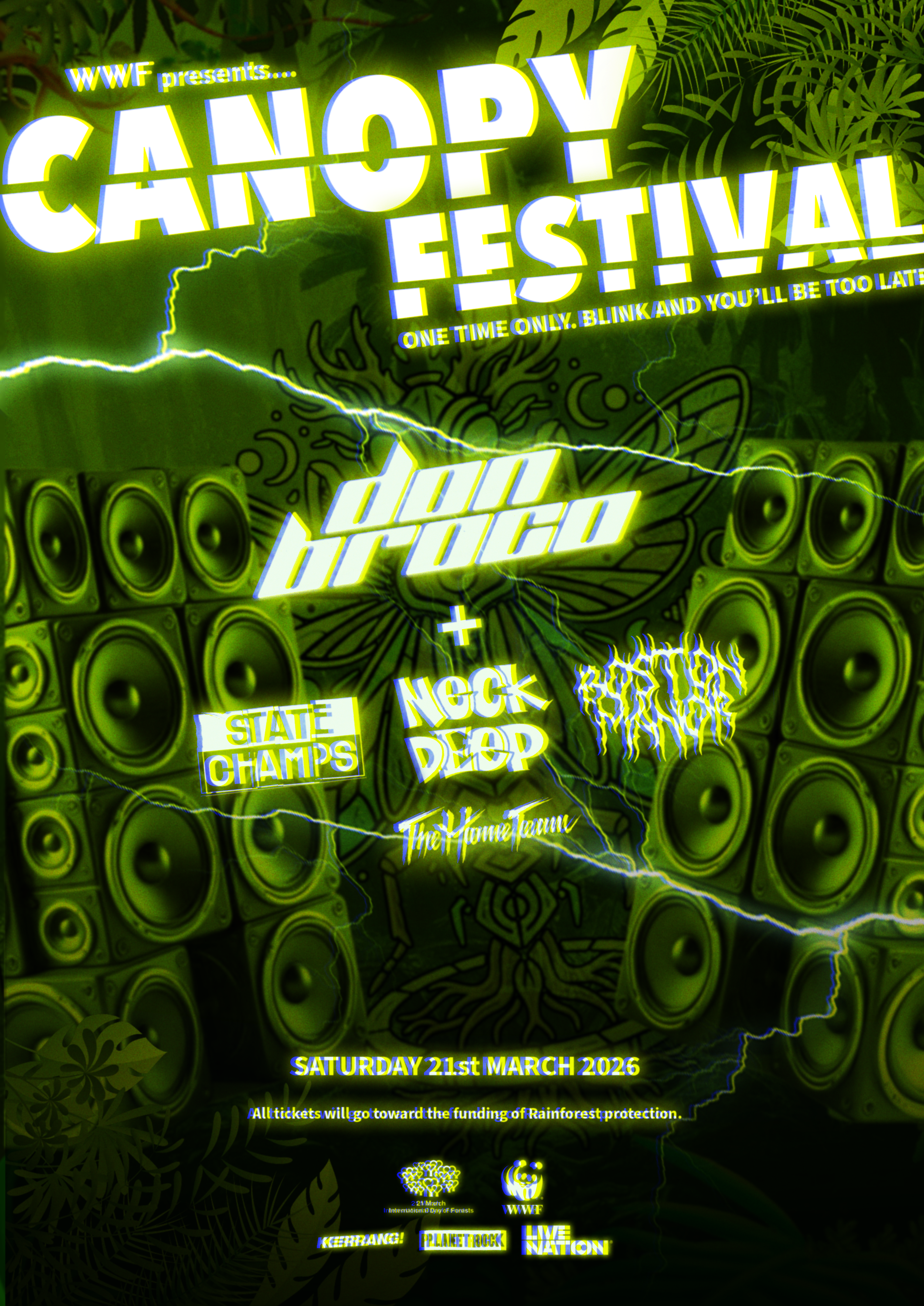Created for Creative Conscience at university, Canopy Fest is a conceptual city-centre music festival raising awareness and funds for deforestation. The project merges alternative music culture with environmental activism, featuring merch and brandin