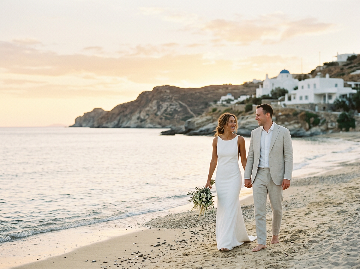 Just married couple strolling along a Mediterranean beach at sunset.