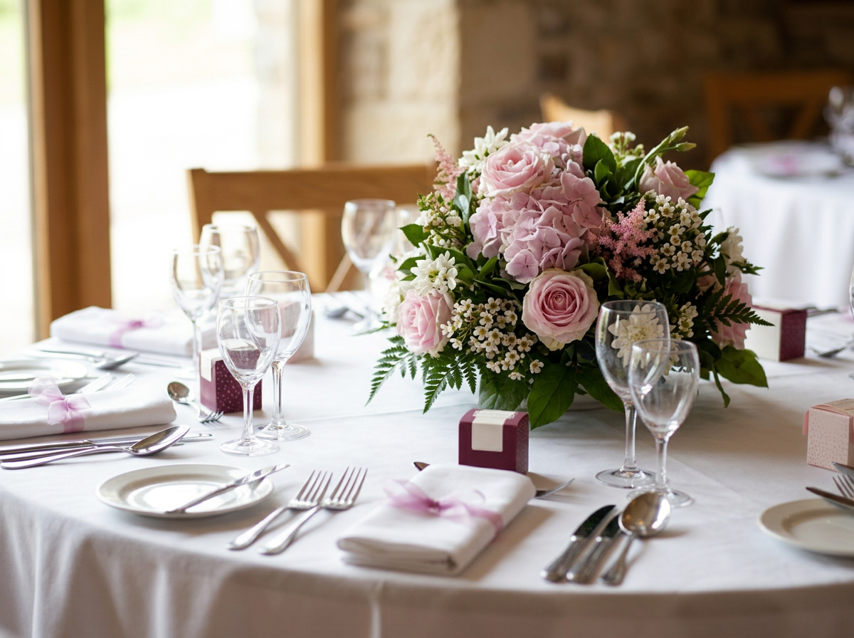 Wedding breakfast table. Laid and flowers in soft pinks.