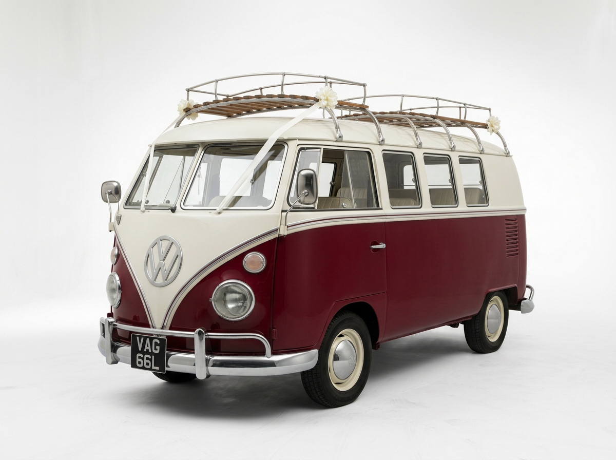 VW van used for transporting the bride at a wedding - in cream and dark red. Decorated with ribbons.