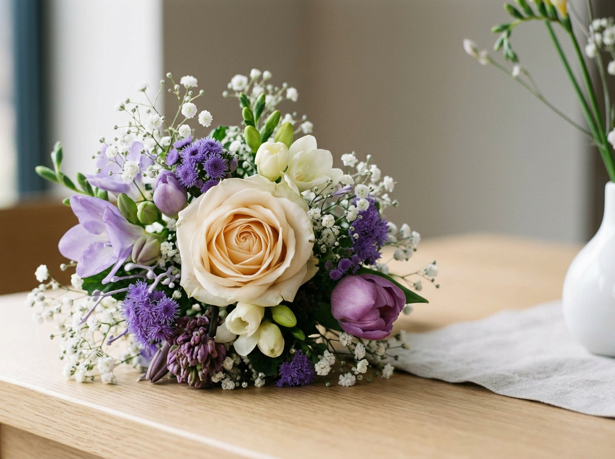 Brides bouquet of flowers in creams and purples.