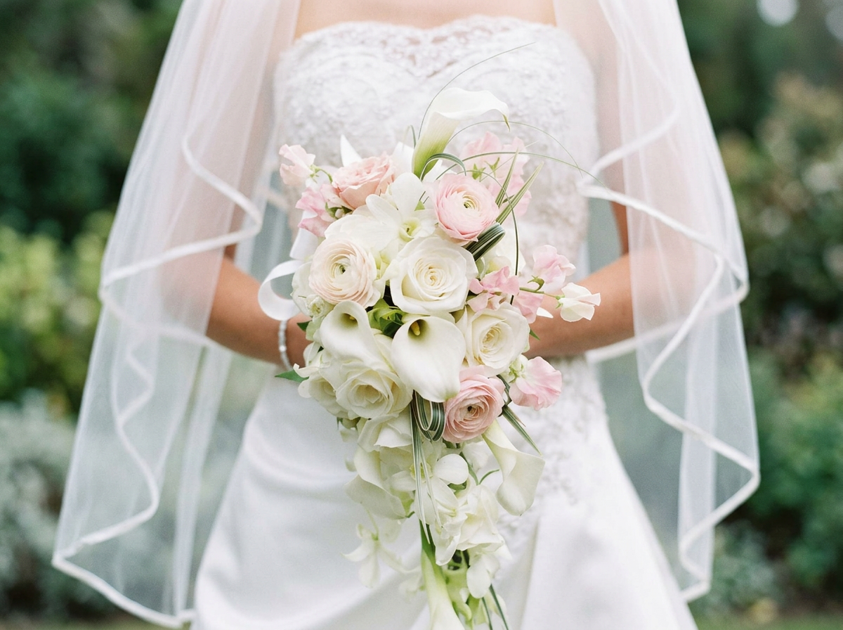 Bride holding bouquet of flowers in white and pink.