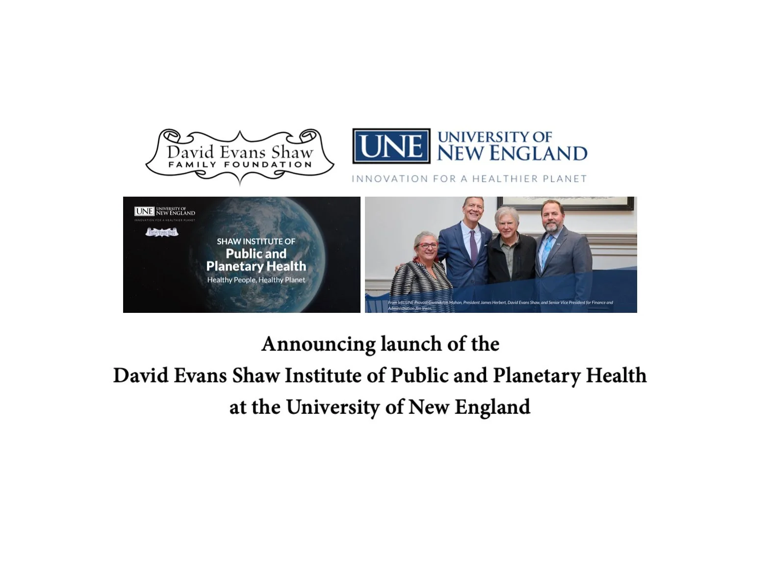 Announcing launch of the David Evans Shaw Institute of Public and Planetary Health at the University of New England