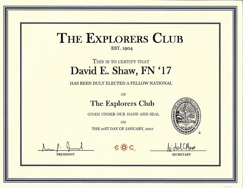 David Shaw elected Explorers Club Fellow