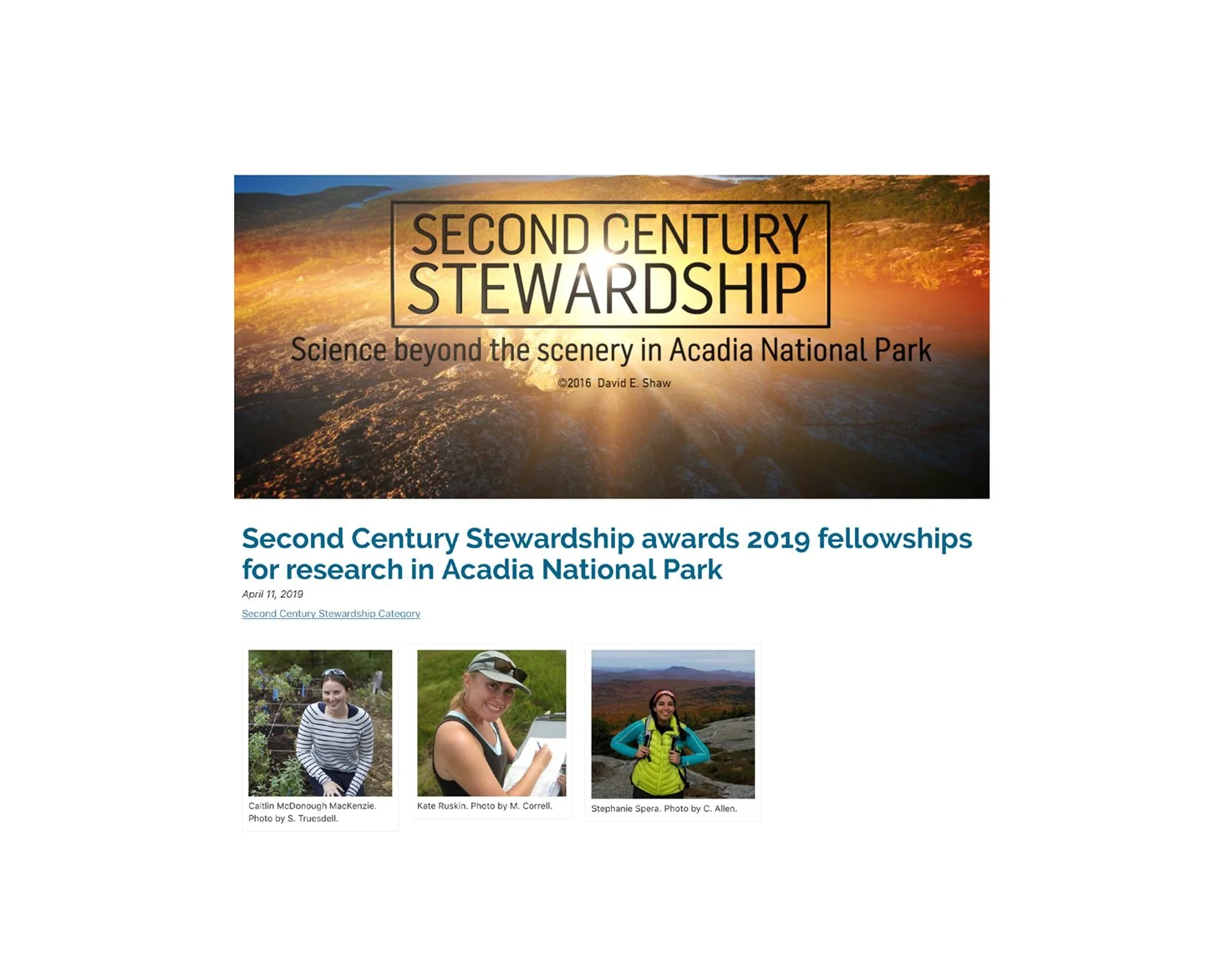 Second Century Stewardship Awards 2019 Fellowships for research in Acadia National Park
