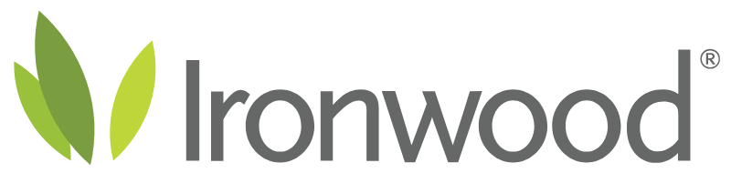 Ironwood logo with two green leaves and the word 'ironwood' in gray text