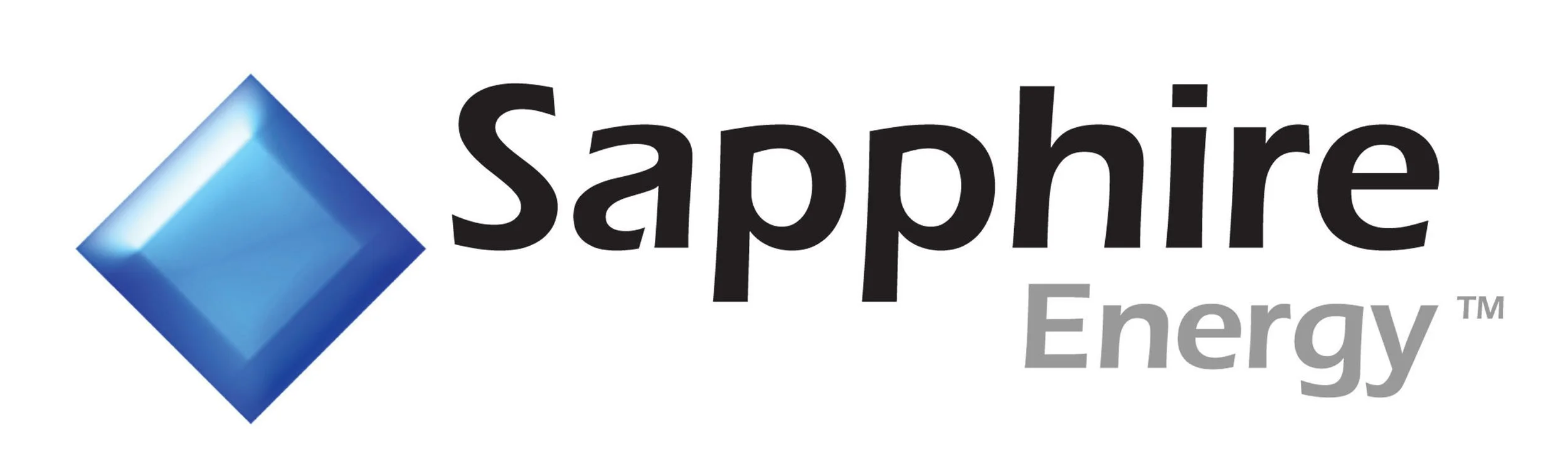 Sapphire Energy logo with a blue diamond-shaped graphic and the words 'Sapphire Energy' in black and gray text.