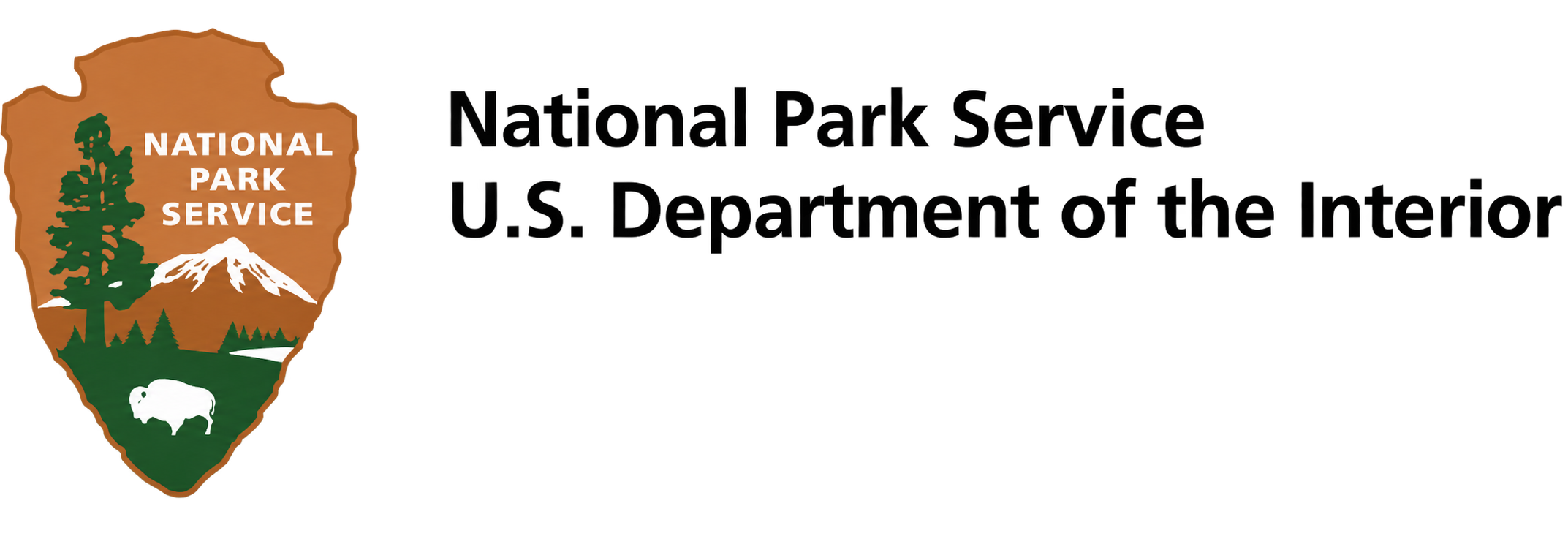 The official logo of the U.S. National Park Service displaying a green pine tree, white mountain, and a buffalo on a brown shield with the text 'National Park Service' in white.