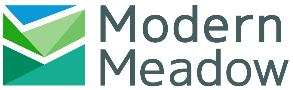 Modern Meadow logo featuring stylized geometric leaves in blue, green, and black next to the company name in dark gray text.