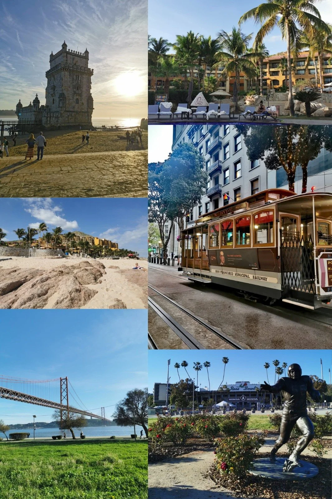 Collage de lugares emblemáticos de Lisboa, incluyendo la Torre de Belém y el tranvía 28.