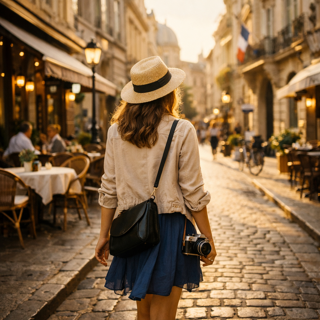Mujer con sombrero caminando por una calle empedrada con cafés y edificios antiguos.