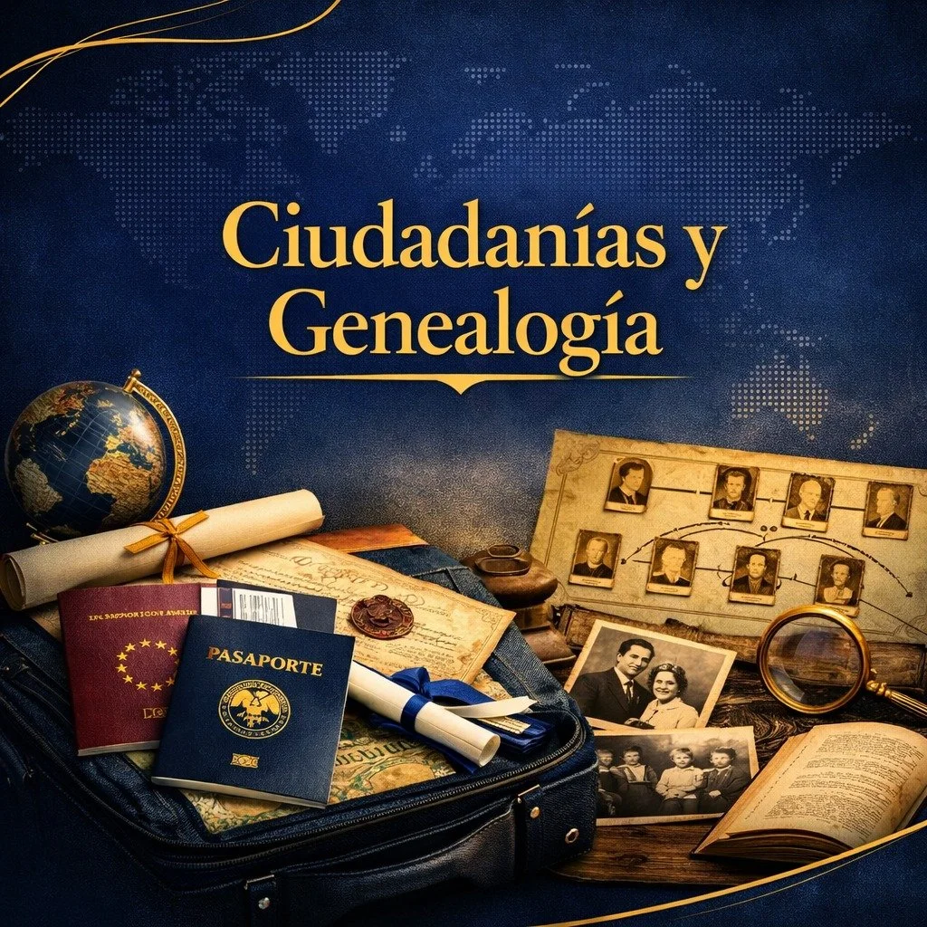 Materiales relacionados con genealogía y ciudadanía, incluyendo pasaportes, fotografías antiguas, mapas, documentos y un globo terráqueo sobre un fondo azul con un mapa del mundo y el texto 'Ciudadanías y Genealogía'.