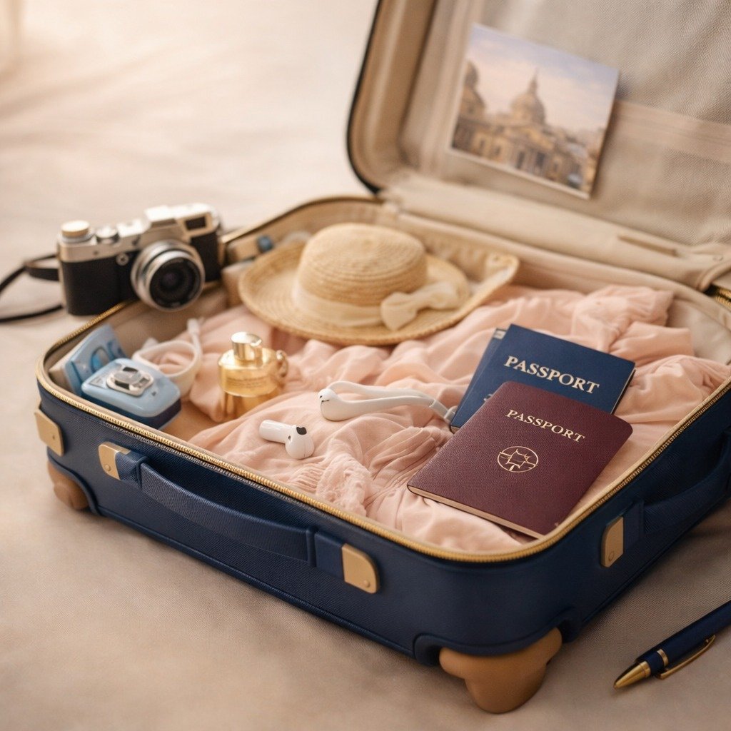 Maleta azul abierta con pasaportes y artículos de viaje como sombrero y cámara.
