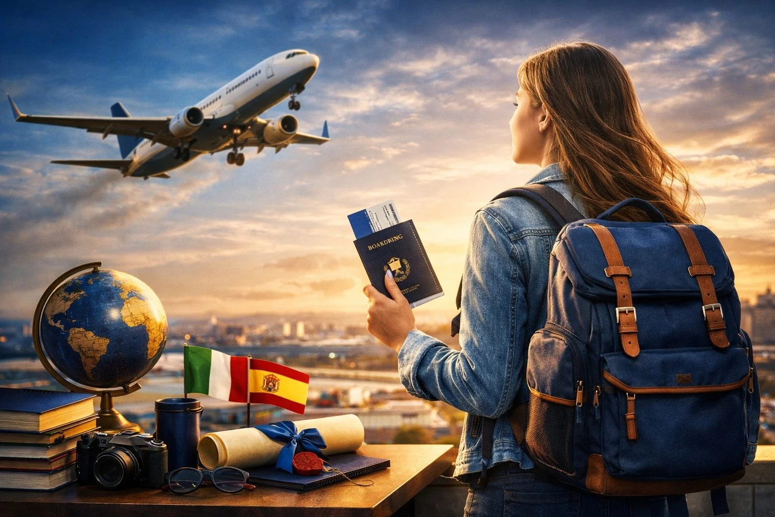 Joven con mochila observando un avión en el cielo junto a objetos de viaje sobre una mesa.