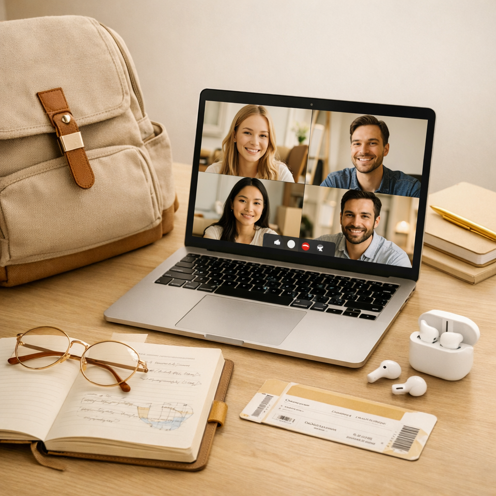 Laptop con una videollamada de cuatro personas sonriendo.