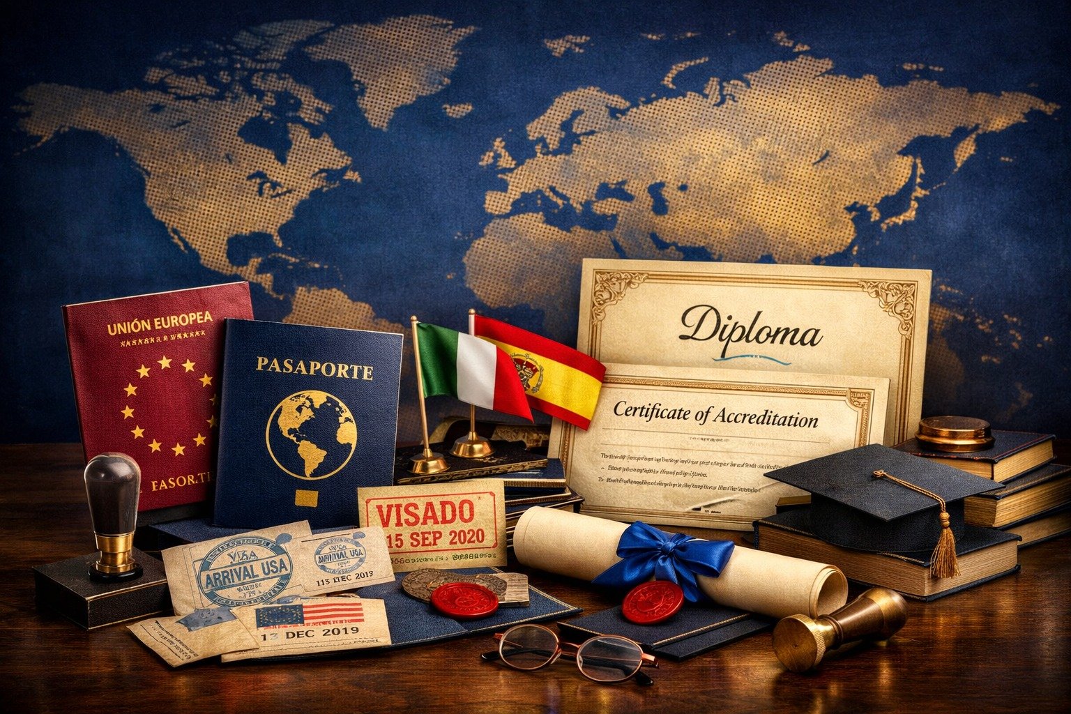 Objetos de viaje y estudio, como documentos, gafas, banderas y un sello de visa.